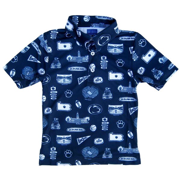 toddler navy button down polo shirt with assorted Penn State graphics all over